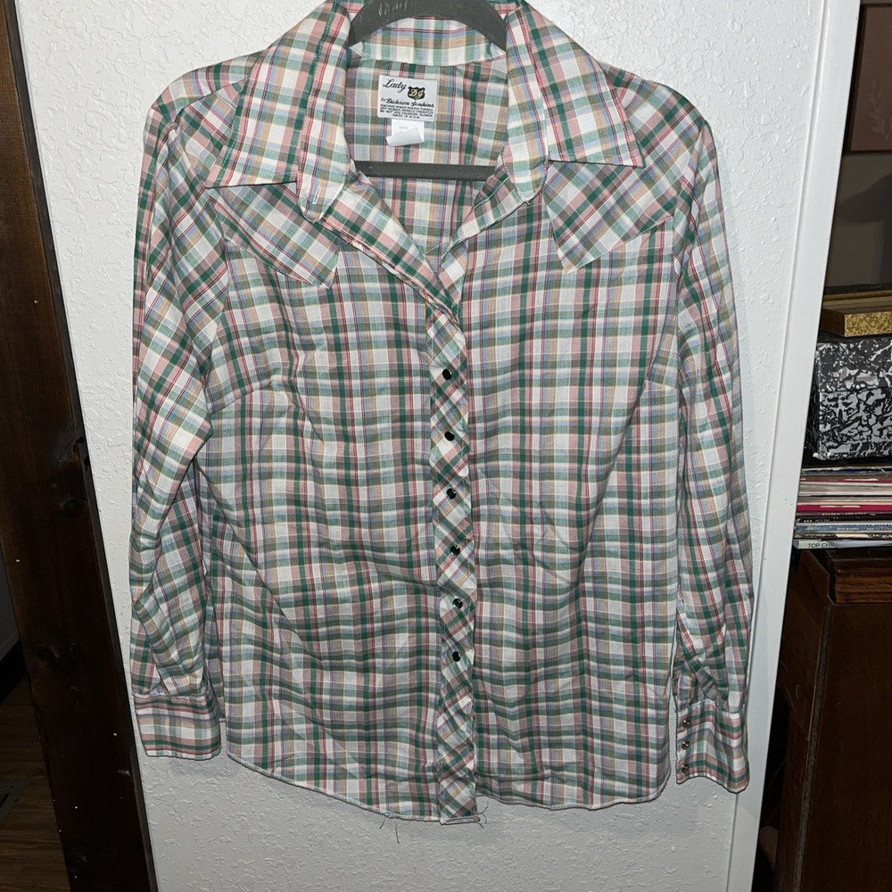 vtg lady DJ Women's Shirt size 38/16 plaid western style peril snaps